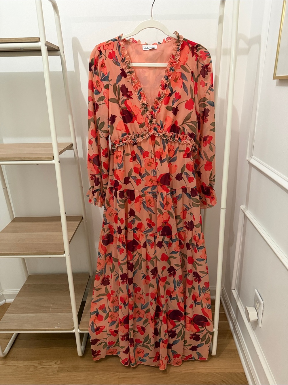 Floral Ruffle V-Neck Maxi Dress - Coral Pink